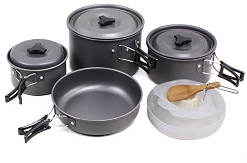 WHYUNM26 Camping-Kochgeschirr, 12 Stück, Antihaftbeschichtung, Leichte Töpfe, Pfannen mit Tellern, Schalen, Netztasche für Rucksackreisen, Wandern, Picknick, Outdoor-Zubehör