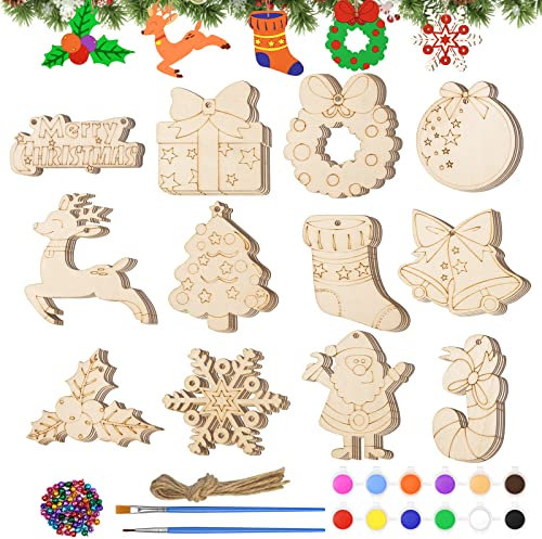 NHOWIN 60 Stück Basteln Weihnachten-12 Verschiedene Formen DIY Bastelset Weihnachten Mit Farbfarben, Pinseln, Juteschnur&Glocke, Christbaumschmuck Holz Deko Weihnachten Geschenkanhänger Weihnachten