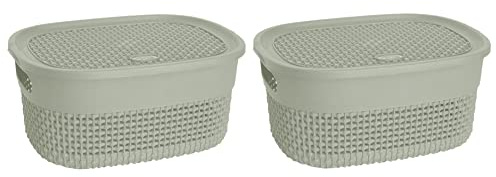 JMS we create smile (Set of 2) 4L Green Classic Plastic Storage Basket with Lid & Handles, Stackable Canvas box, Handy Basket Container for Kitchen, Bathroom, Kids Toys, Nursery Shelves, Cupboards