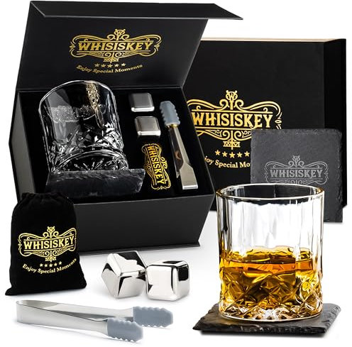 WHISISKEY Whisky Gläser Set - Whiskey Geschenkset Glas - Whiskygläser - Geschenke für Männer - Männergeschenke - Geburtstagsgeschenk Mann - Geschenkbox, 1 Rum Gläser x 310ML, 2 Whiskey Steine