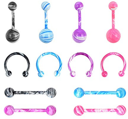 Longbeauty 12 Stk Piercing Set Edelstahl Körperpiercing Hufeisen Barbells für Zunge Nase Bauchnabel Punk Piercing Schmuck, Stil B