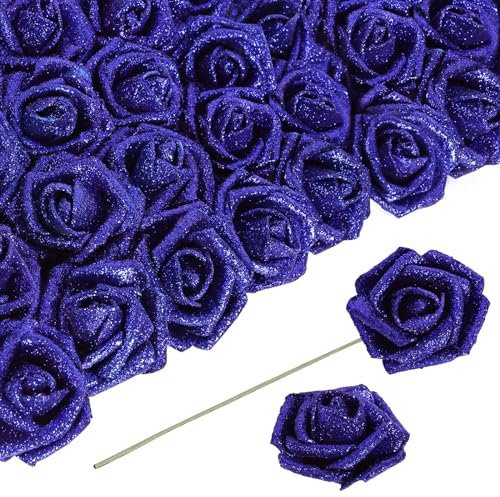 ICBOX Glitzer-Schaumstoffrosen, königsblaue Rosen, Kunstblumen, Schaumstoffblumen, Glitzer-Rosen mit Stiel, künstliche Blumen für Heimwerker, Hochzeit, Brautstrauß, Party, Tafelaufsätze, Dekoration