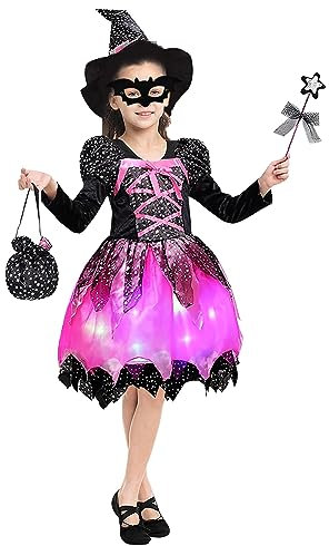 TaimeiMao 5 Pezzi Vestito Strega Bambini Halloween con Luci Costume da Strega Viola+Cappello+Maschera+Sacchetto di Caramelle+Bacchetta Luminosa Costumi In Maschera per Halloween Carnevale Cosplay