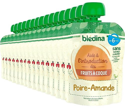 Blédina - Gourdes de Purées de Fruits et Amande - 16 gourdes Poire Amande - Pour bébé dès 6 Mois - Lot de 16 gourdes de 85g