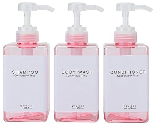 GOYISEE Refillable Shampoo and Conditioner Bottles for Shower Wall,Shampoo and Conditioner Dispenser with Pump No Drill (3 Bottles-Pink)