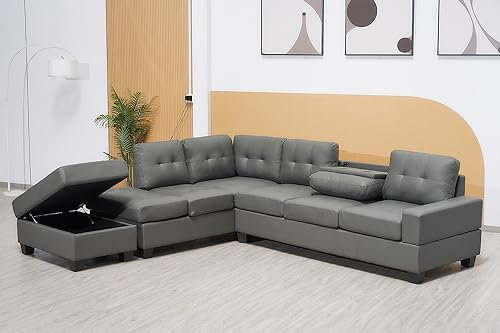Western Grey Bonded Leather Corner Sofa With Ottoman Footstool & Cup Holder-L Shape Couch For Living Room Furniture-3020 (Left Side Sofa)