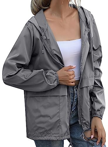 Rain Jacket Women Golf Short Sleeve Waterproof Jacket s Activewear Women's Raincoat Lightweight Rain Jacket Hooded Outdoor Windbreaker with Pockets (01-C-Dark Gray, L) Sale Clearance