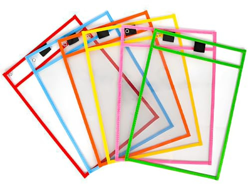 Rukinovi 6Pcs Dry Erase Pockets,Reusable Plastic Sleeves,Clear Wipeable Shop Ticket,Teacher Supplies for Classroom Organization Office Supplies,6Colors (A-Multicolor)