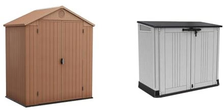 Keter Darwin Outdoor Apex Double Door Garden Storage Shed 6 X 4ft Brown Wood Look And Feel & Store It Out Nova Outdoor Garden Furniture Storage Shed Light Grey with Dark Grey Lid