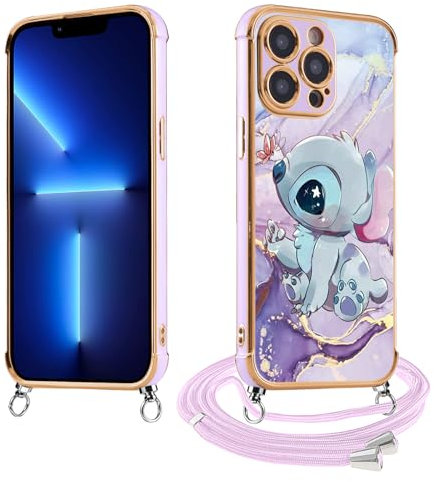 Handykette für iPhone 14 Pro Max 6.7Hülle mit Band, Stitch Niedlich Lustig Muster mit Handyhülle,Silikon Stoßfeste Kordel zum Umhängen Galvanik Schutzhülle,Ultra Dünn Kameraschutz Case, Lila 03