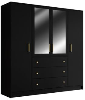 Vente-unique-Armario de 4 Puertas y 3 cajones - con Espejos - Ancho 196 cm - Negro - Lizandro