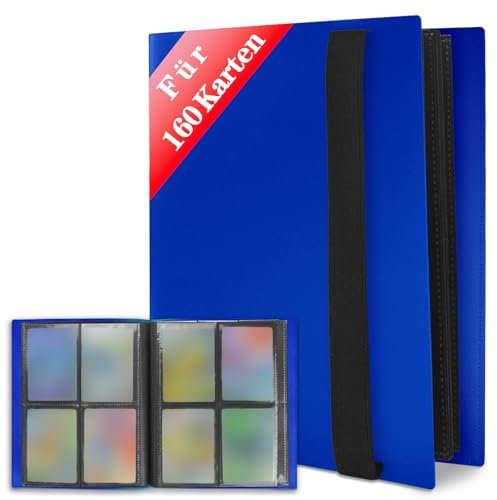 JUSONEY Sammelkarten Album - 160 Pockets Sammelalbum 20 Seiten Pro 4 Pocket mit Wasserdichte Blau Buchdeckel Perfekt zum Sammeln von Karten für MTG Magic,für Match Atta(Blau)