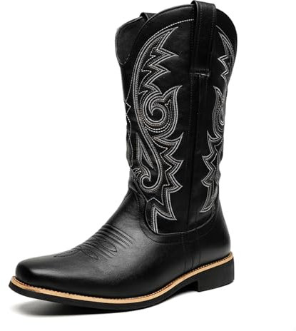 crazynekos Cowboystiefel für Herren – Westernstiefel für Herren mit klassisch bestickten, quadratischen Zehenpartien zum Reinschlüpfen, Schwarz , 45 EU