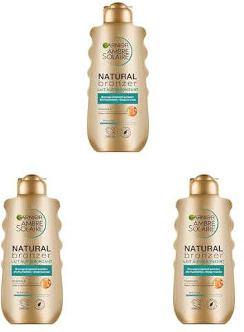 Garnier Ambre Solaire - Lait Autobronzant pour le Corps - Hâle Naturel & Lumineux - Sans Traces - Tenue 1 Semaine - Pour Tous Types de Peaux - Natural Bronzer - 200 ml (Lot de 3)