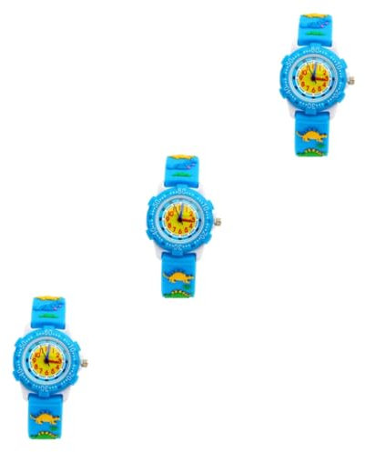 LIFKOME 3pièces Montre Cartoon Dinosaure Silicone Étanche pour Garçon Fille Montre à Quartz Créative Et Colorée Bleu