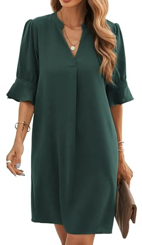 Famulily Robe chemise élégante et décontractée, pour femmes, avec col en V, manches mi-longues, couleur unie, tailles S à XXL