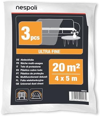 Nespoli – Set 3 Teli Copritutto 4x5m per la Protezione di Mobili e Arredi Interni, Teli per Imbiancare Ampi e Resistenti da 20 m² - Telo Copritutto in Plastica Ultra Fine, Flessibile e Antistrappo