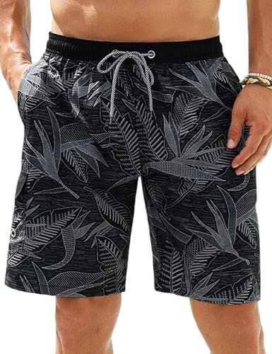 APTRO Herren Badehose Lang Boardshorts Schnelltrocknend Sommer Badeshorts Badeshorts Schwimmen Shorts mit Innenhose Blatt Schwarz MK370 XXL
