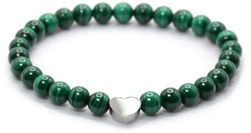 Bracelet en malachite véritable pierre précieuse avec perles rondes de 6mm et cœur en acier inoxydable - différentes longueurs - bracelet en pierres précieuses porte-bonheur talisman cadeau