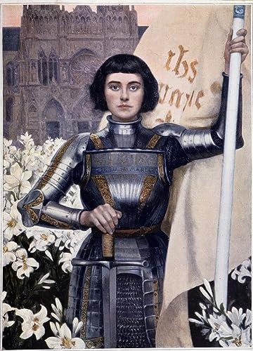 PTLYE Berühmt Painting Leinwandbild Wandbild Kunstdruck Porträt von Jeanne d'Arc und Lilien auf dem Hintergrund der Kathedrale Notre Dame von Albert Lynch Bild Druck Auf Leinwand 60x90cm