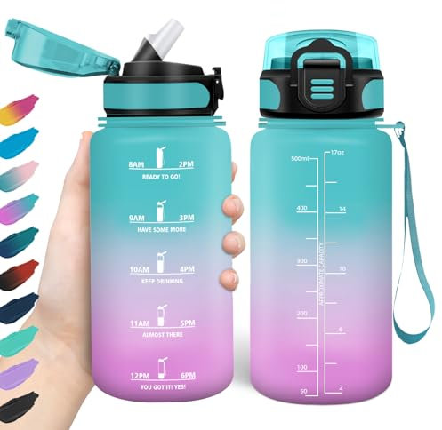 HoneyHolly Trinkflasche 500ml, Auslaufsicher, Wasserflasche BPA-Frei, Motivierende mit Zeitmarkierung, Trinkflasche mit Strohhalm, Trinkflasche Sport für Kinder, Fahrrad, Fitness, Schule, Büro