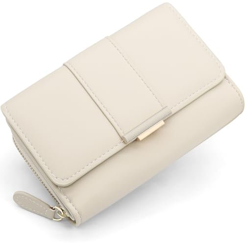 HNOOM Porte Monnaie Femme Portefeuille Femme en Cuir PU Porte Carte Monnaie Portefeuilles pour Femmes Court Zippé Femmes avec 9 emplacements pour Cartes Petit Porte Feuille (Beige-1)