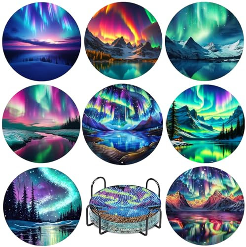 Musevial 8 PCS Diamond Art Coaster Kit - 5D Round Full Drill Painting Set for Adults and Beginners - Aurora DIY Arts and Crafts Gifts