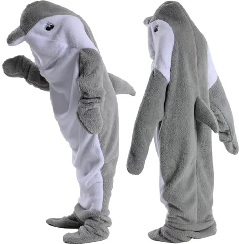 Delphin Decke Hoodie, Kuscheldecke Mit Ärmeln Flauschig Wohndecke,Delphin Decken Kapuzenpullover,Delphin Overall Onesie, Delphin Tragbare Decke Für Erwachsene Und Kinder Geschenke (Grey,XXL)