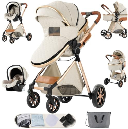 Sianldcone Kinderwagen 3 in 1, Hochwertige Stoffe Kinderwagen Set, Zwei-Wege-Schiebefunktion Reisesysteme, Offene Sicht Kombikinderwagen 3 in 1 Komplettset (V9 CreamyWhite)