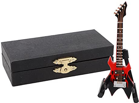 Chitarra in miniatura in legno con supporto e, modello mini basso modello di strumento musicale in miniatura strumento (Basse électrique pointe rouge 10 cm)