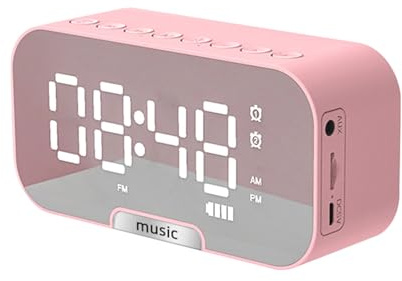 Digital Mirror Surface Alarm Clock with BT Speaker & Fm Radio Dual Alarms Rechargeable Music Player Support Tf Card 3 Levels Brightness Phone Stands (Pink)