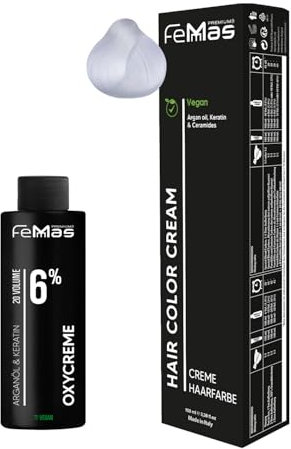 Femmas Set de tinte para el cabello Neutral I Hair Color Cream 100 ml + Crema de óxido 100 ml 6% I Coloración permanente del cabello + desarrollador I Suave y duradero I Tinte de pelo de salón para el