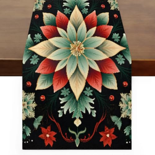 Tischläufer 228,6 cm lang, Kunst, Weihnachtsstern, Esszimmer, Leinen, Tischläufer für Party, Küche, Outdoor, Innenbereich, Couchtischdekoration, 33 x 228 cm