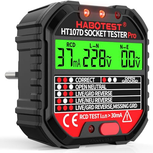 YEREADW Tester de Prese Elettriche, Tester per Circuiti Elettrici con Test RCD e Display LCD, Rilevatore Cavi Elettrici 6 tipi di Diagnosi dei Guasti, Visualizzazione di Tensione e Frequenza, 90-250V