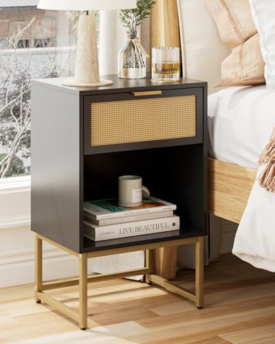 HEYZOEY Table de chevet bohème moderne en bois avec tiroir - Table d'appoint pour chambre à coucher, salon, bureau (rotin noir)