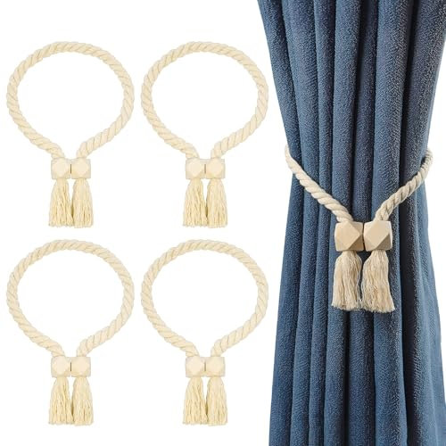 4 Stück Magnetische Vorhang Raffhalter, Gardinenhalter Vorhanghalter, Gardinenraffer aus Holz Boho, Gardinen Raffhalter, Baumwollseil, Raffhalter für Gardinen Home Büro Gardinen Deko (4, Beige)