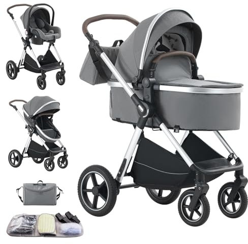 Mobayta Kinderwagen 3 in 1 Komplettset Baby Kombikinderwagen bis 22kg, Zusammenklappbar, Große Gummireifen, Großer Einkaufskorb, Warmer FußsackOrganizer Tasche (D2 DEEPGREY, H2-D)