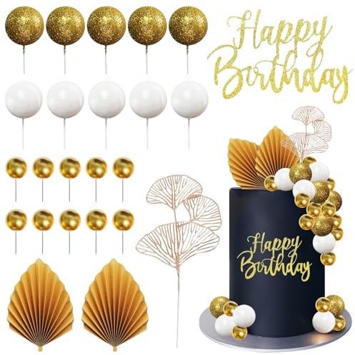 Kuchen Deko Kugeln Gold 24 Stück Tortendeko Kugeln Weiß Happy Birthday Gold Cake Topper Ginkgoblätter Goldene Palmenblätter Deko für Geburtstag, Hochzeit, Party