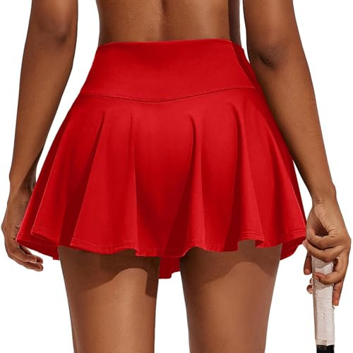 PINSPARK Tennisrock Damen Plissiert Tennis Skort Hohe Taille Golfrock mit Innenhose Shorts Faltenrock Sport Minirock Workout Laufen Rock mit Taschen Rot L