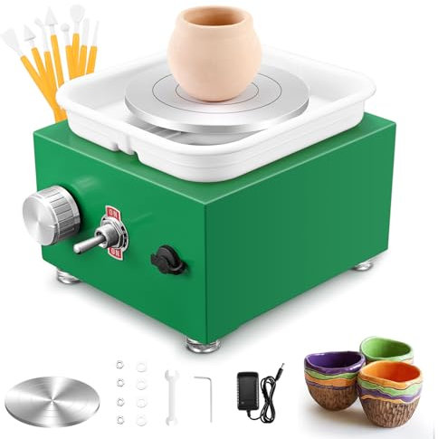 MINENICE Mini Töpfermaschine, 2000RPM Einstellbare Geschwindigkeit Metall-Drehteller Töpferscheibe von 10/6.5CM Tonformungswerkzeugen und ABS-Becken Geliefert Geeignet für Töpfer-Heimwerker (Grün)