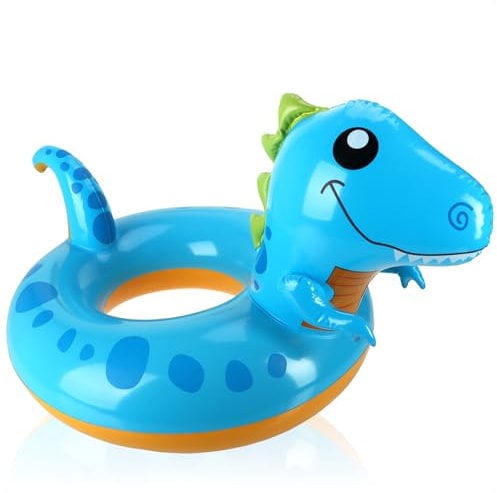 COM-FOUR® Schwimmreifen aufblasbar für Kinder von 3-6 Jahre - Schwimmring im Tier-Design - Schwimmhilfe ideal für Strand und Pool (blau/gelb - Dino)