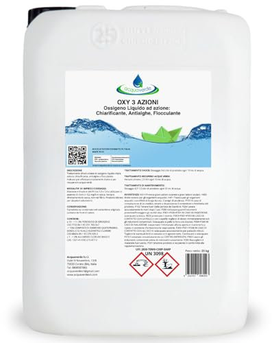 acquaverde OXY 3 Azioni | Ossigeno Attivo Liquido per Piscina - 25 kg, Chiarificante, Antialghe e Flocculante, Alternativa al Cloro per Trattamento, Pulizia ed Igiene per Acqua di Piscine