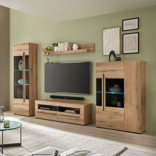 Lomadox Wohnwand Wohnzimmer-Set 4-teilig mit Vitrine, Lowboard & Vitrinenschrank in Eiche inkl. LED Beleuchtung