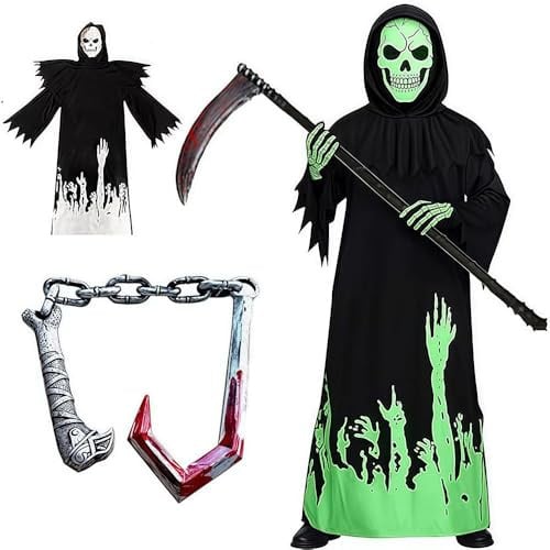 PASLFC Sensenmann Kostüm Erwachsene,Leuchtende Maske Set mit Sensemann Umhang und Sense und Glow Handschuhe,Halloween Kostüm Erwachsene,Kostüm Halloween Herren für Party Karneval Cosplay Parent