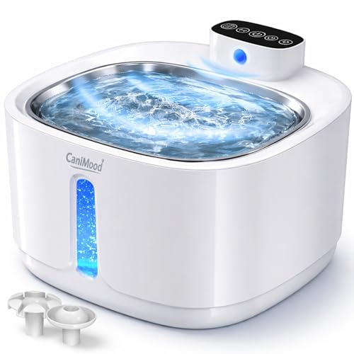 CANIMOOD - 3,2L Fontaine a Eau Chat & Chien Ultra silencieuse sans Fil, avec Filtre, détecteur de Mouvement et LED d'ambiance avec autonomie 60 Jours, Plateau INOX - Distributeur Eau Animaux