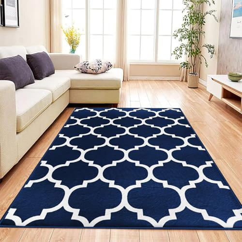 Aspire Homeware Entryway Doormat Indoor 60 x 110 Navy Bedside Rug(Ava Navy) | Anti Slip Trellis Style Soft Easy to Clean Carpets– Non-Shedding Low Profile Small Durable Living Room Bedroom Entrance mat