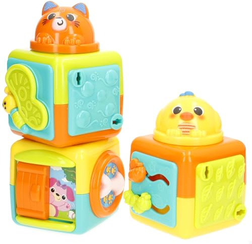 winfun Stapelbare Würfel mit Tieren, 3 Stück, lebendige Farben, interaktive Aktivitäten, Texturen, Bausteine für Kinder, zusammensteckbar, sensorisches Spielzeug, + 3 Monate (39363)