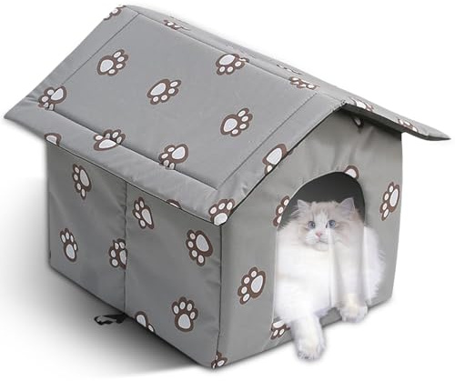 Katzenhaus Outdoor, Katzenhaus Outdoor Winterfest Wasserdicht, Katzenhütte Outdoor Indoor mit Abnehmbarem Kissen für Kleine Hund Katze Streuner Haustiere，Graue Pfotenabdrücke：L