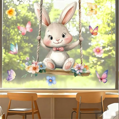 Fensterbilder Ostern Deko Fensterbilder Osterhase und Ostereier Fensteraufkleber Selbstklebend Fenstersticker PVC Aufkleber für Fensterdeko (D)