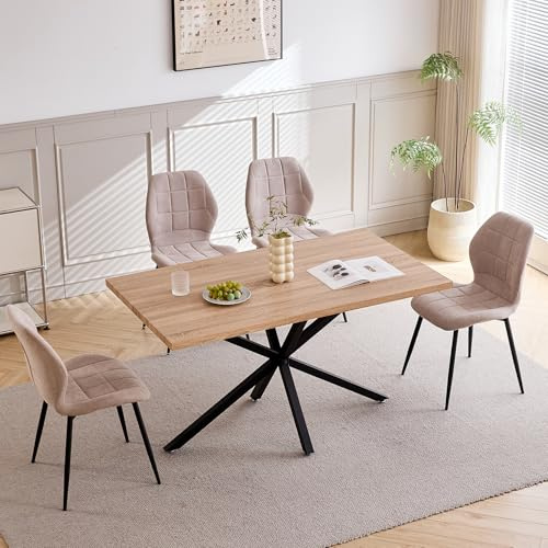 GrandCA HOME Juego de Mesa y Sillas de Comedor, Mesa de Comedor Rectangular 140 * 78 * 77cm,4 Sillas de Comedor Ttapizadas, Juego de Muebles de Cocina de 5 Piezas (Color Claro + Beige)